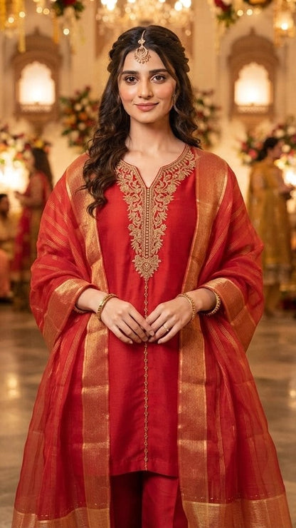 Luxury Red & Gold Embroidered 3-Piece Unstitched Suit