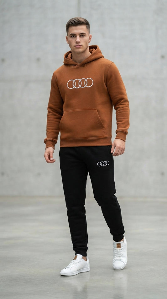 Men Audi Logo Fleece Hoodie Track Suit Brown Black Winter