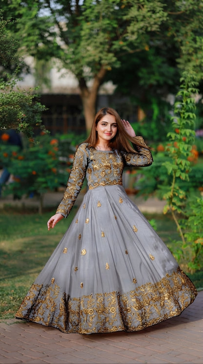 Stitched Grey & Gold Embroidered Shamoz Silk Maxi and Trouser