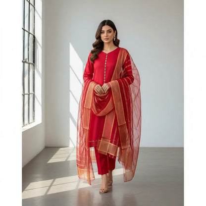 Luxury Red & Gold Embroidered 3-Piece Unstitched Suit