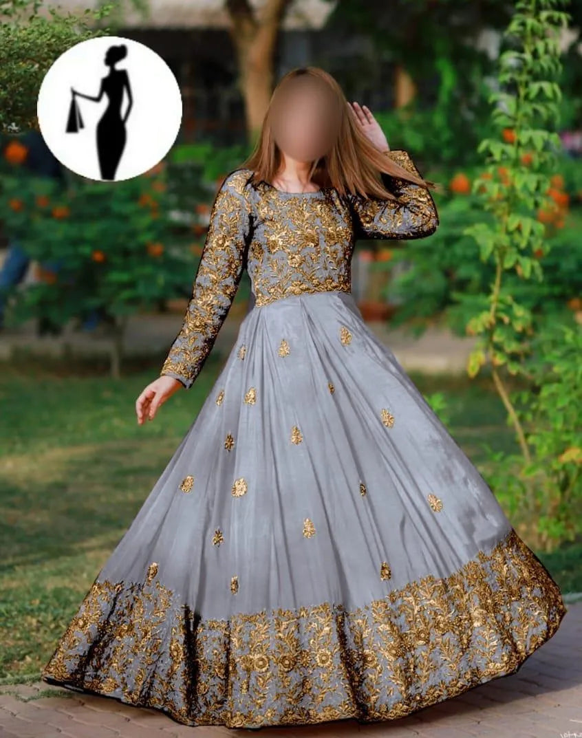 Stitched Grey & Gold Embroidered Shamoz Silk Maxi and Trouser