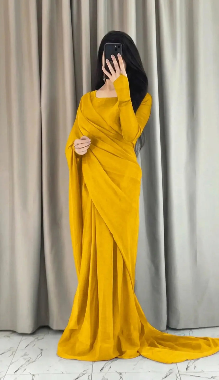 3 Pcs Women’s Yellow Chiffon Plain Stitched Saree