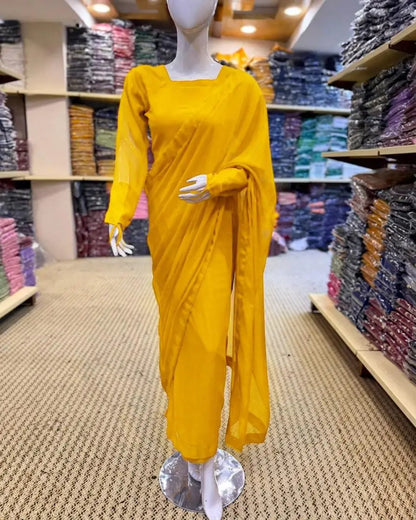 3 Pcs Women’s Yellow Chiffon Plain Stitched Saree