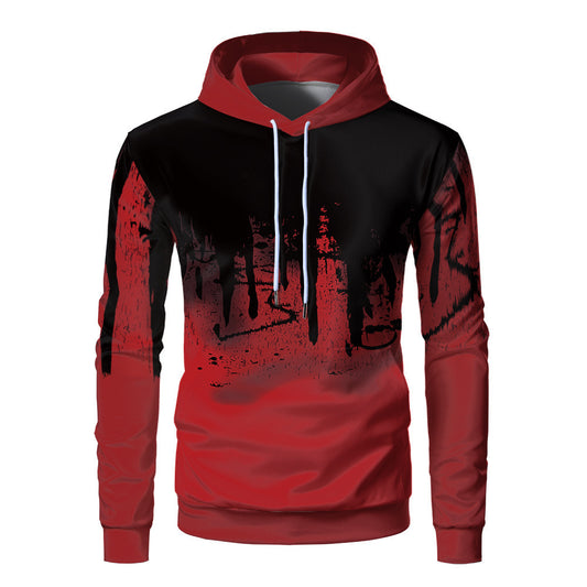 Men 3D Print Hoodie Fleece Loose Fit Black Gray