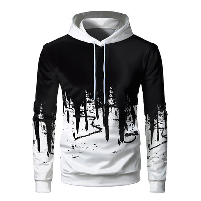 Men 3D Print Hoodie Fleece Loose Fit Black Gray