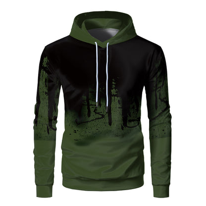 Men 3D Print Hoodie Fleece Loose Fit Black Gray