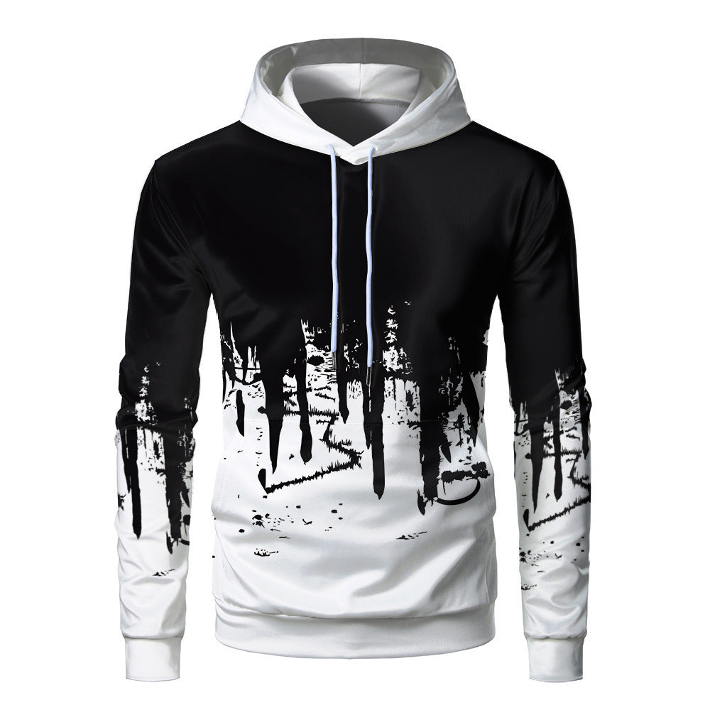 Men 3D Print Hoodie Fleece Loose Fit Black Gray