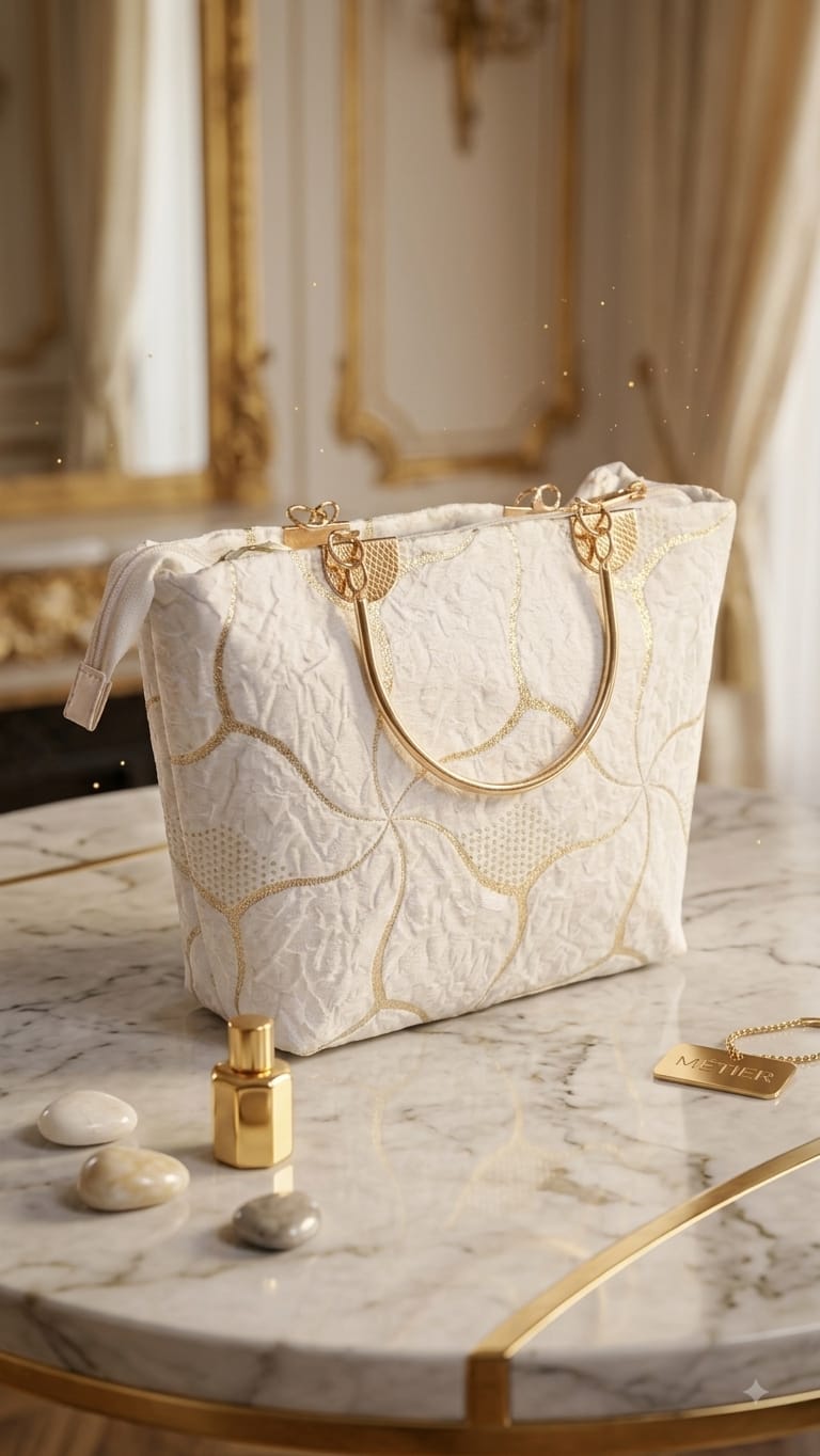 Premium Ladies Handbag – White Textured Gold Accent