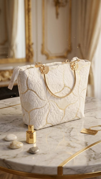 Premium Ladies Handbag – White Textured Gold Accent