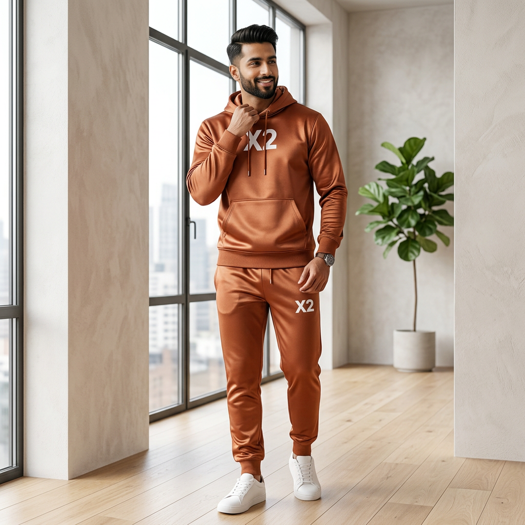Men Brown Printed Hoodie Track Suit XL