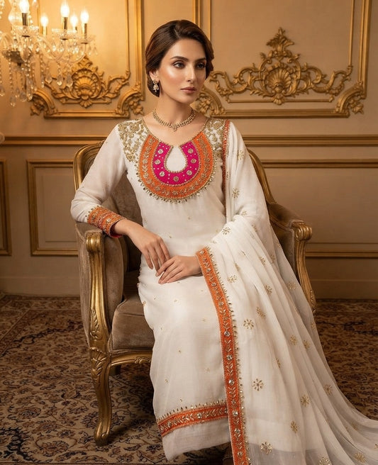 3-Piece Organza Suit with Heavy Embroidery for Weddings