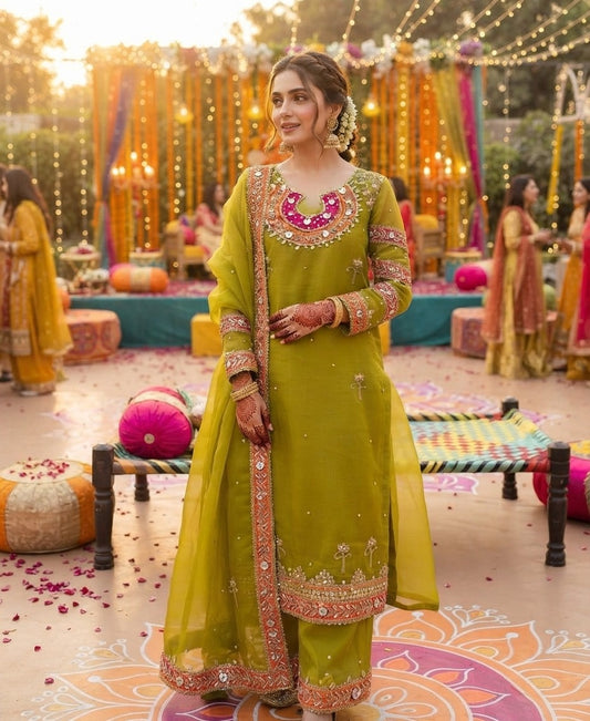Lime Green Organza 3-Piece Wedding Suit with Embroidery