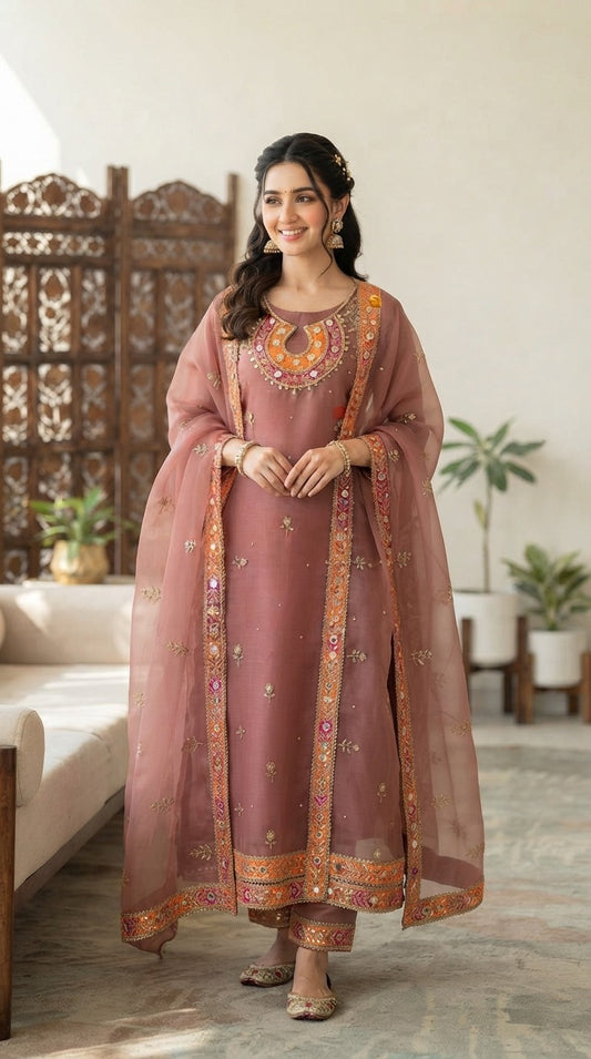 Organza Katan Silk 3-Piece Wedding Suit Brown